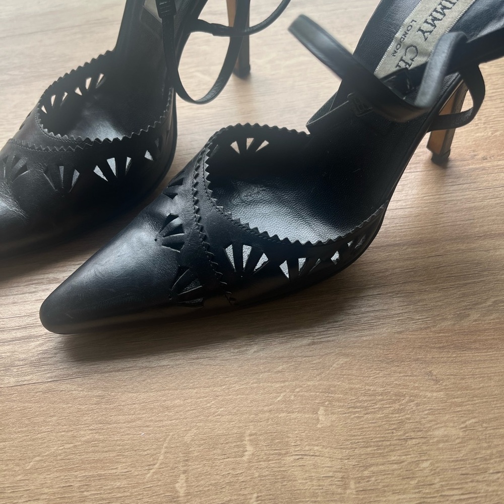 Jimmy Choo Black Leather Cutout Pointed Toe Heels FLAWS (FREE SHIPPING)